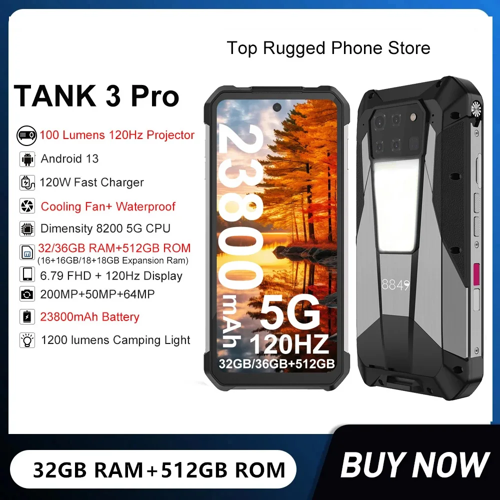 Smartphone robusto de carregamento rápido, Android 13 Mobile Phone, 5G Tank 3 Pro, Octa Core, 32 GB, 36GB, 512GB, 6.79FHD, 200MP, 23800mAh, 120W, 8849