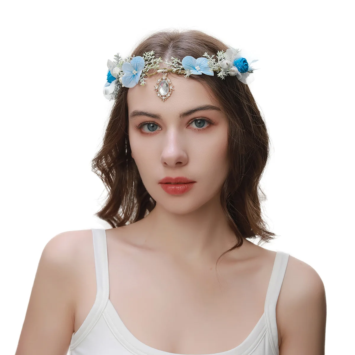 Handmade Blue Flower Crown Rose Fairy Floral Headband Elf Forest Headpiece for Women Girls Princess Wedding Shower Cosplay