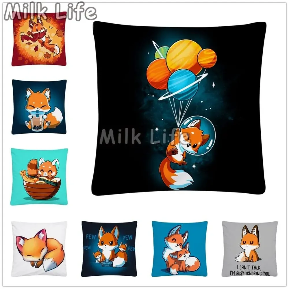 

Kawaii Little Fox Cartoon Pattern Peach Skin Cushion Pillowcase Home Sofa Car Decoration Pillowcase Gift for Kids