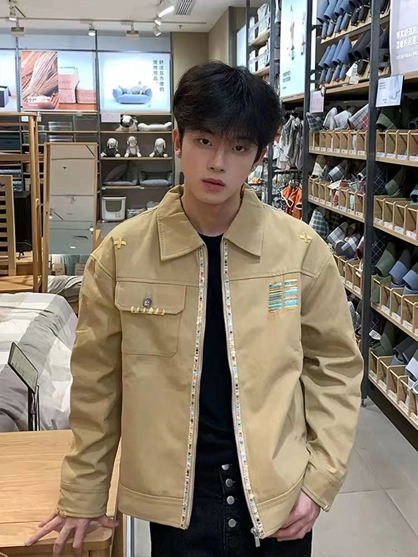 American Retro Embroidered Workwear Jaet Men's Spring Autumn ort Collar Detroit Coat Loose Fit Non-iron Treaent Polyest...