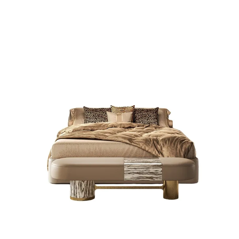 Luxury modern Italian wing-back bed, king/queen size bed, gold trimmed wavy headboard, leather upholstered,
