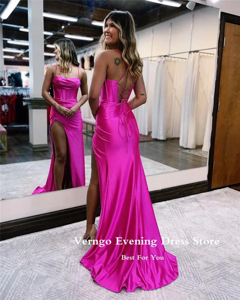 Verngo Sexy Fuschia Prom Party Dresses Spaghetti Straps Sweetheart Pleats Split African Women Evening Gowns Formal Long Lace Up