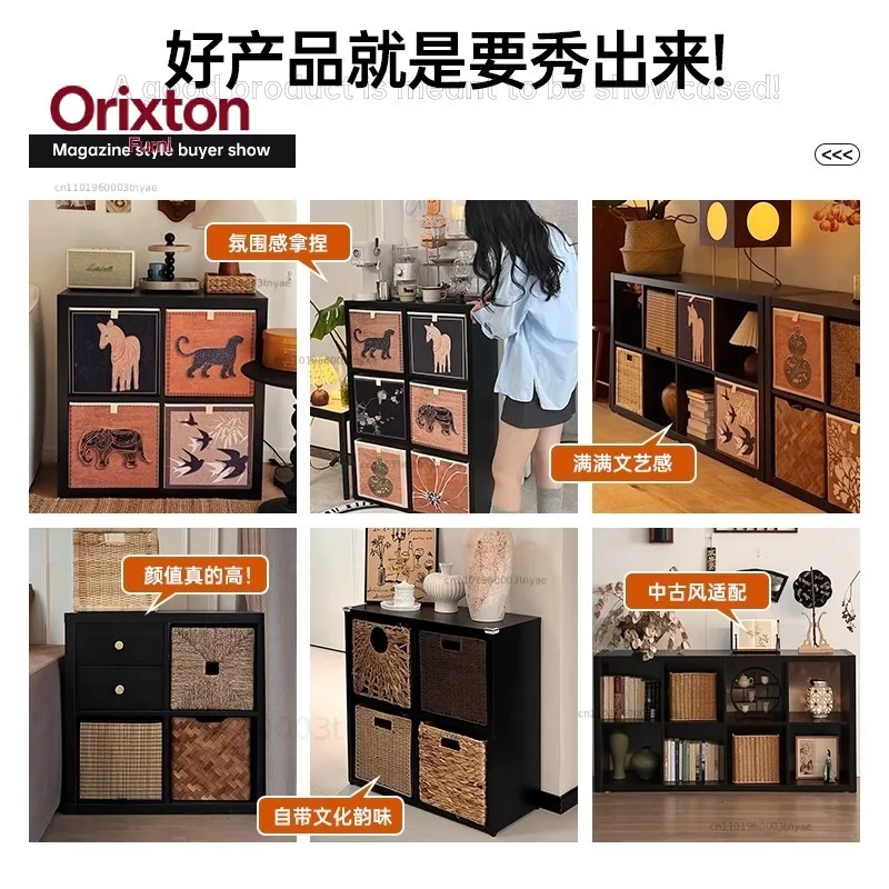 Solid Wood Core Chest TV Side Partition Six Grid Floor Cabinet Bookshelf Medieval Shelf