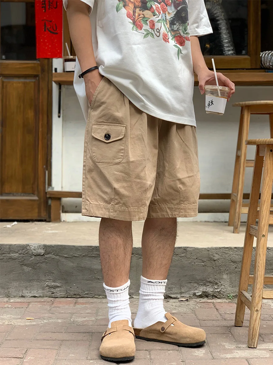 

Khaki ort Pants Men's Trendy Brand Mid-Waist Waed Five-Point Loose Workwear Color American Retro Sle Summer Casual