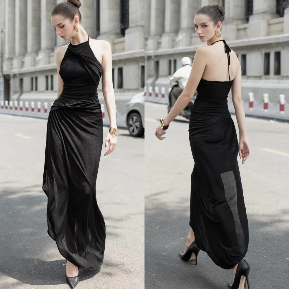 Customized Simple Chiffon Pleat Ruched A-line Halter Midi Dresses Celebrity Dresses Classic Exquisite Modern Style Elegant Match