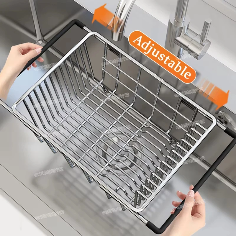 Stainless Steel Adjustable Sink Drying Rack Dish Holder Drainer for Fruit Vegetable Single Layer Expandable Drying Basket