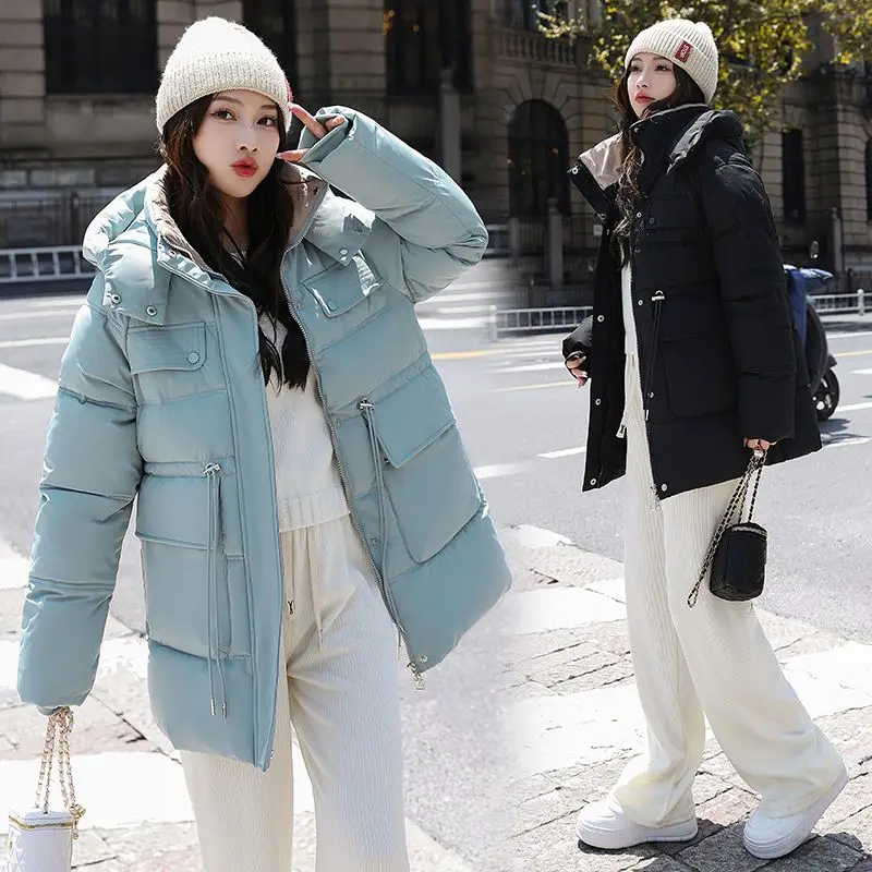 معطف شتوي نسائي جاكيت دافئ من القطن سترات جديدة متوسطة الطول مبطنة بالقطن معطف نسائي كوري فضفاض بقلنسوة