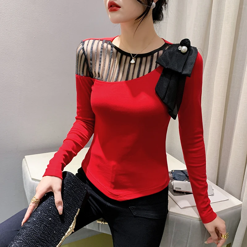 

2024 New Fall Winter European Clothes T-Shirt Fashion Sexy O-Neck Patchwork Mesh Irregular Women Tops Long Sleeve Tees 311162