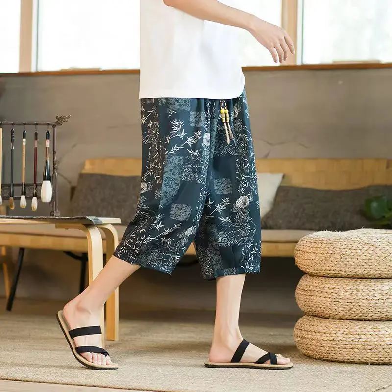 Trend Chinese Style Summer Thin Style Men's Elastic Waist Lacing Printing Pockets Casual Loose Straight Calf Length Beach Shorts