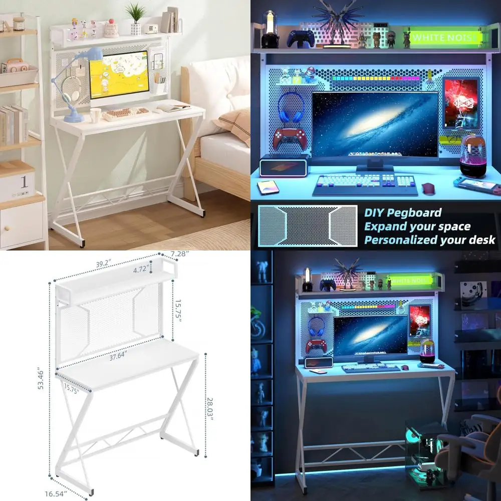 

Compact 39 White Gaming Desk with Pegboard and Storage Shelves for Home Office and Study in Small Spaces