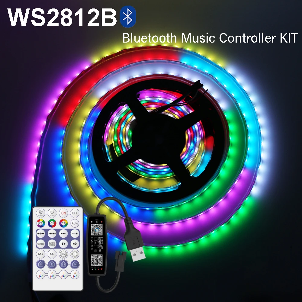 WS2812B RGB LED Strip Light DC5V Addressable Home Diode Tape IP30/IP65/IP67 Waterproof 28Keys Bluetooth Music Controller Kit