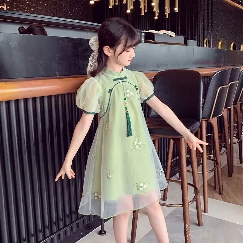 Girls Summer Cheongsam 2026 Short Sleeve Retro Princess Dress Baby Chinese Style Dress Fashionable Stylish