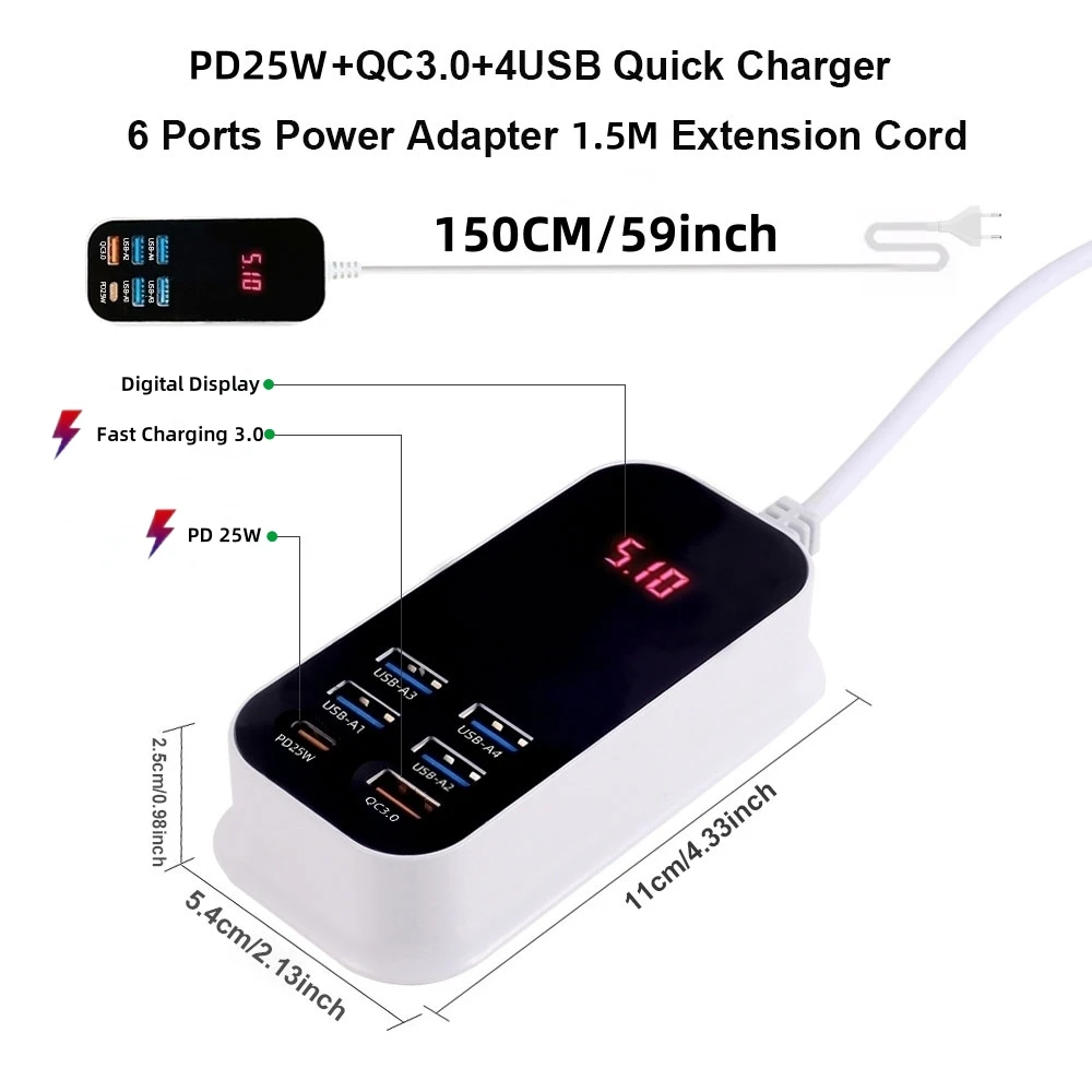 Real 50W 6-Ports USB Quick Charger PD QC 3.0 Fast Charging Display Type-C EU UK US 1.5M Desktop Power Adapter For Iphone Samsung