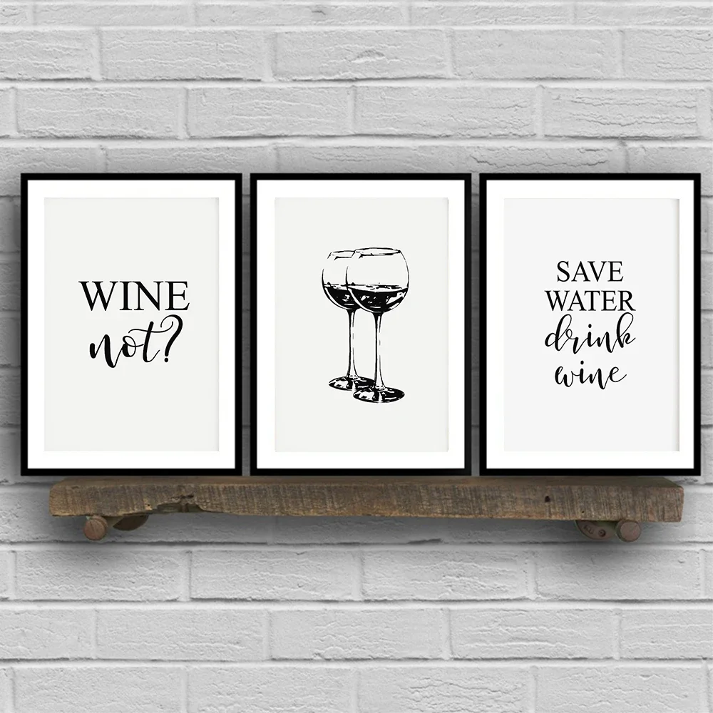 Save Water Drink Quotes Wall Art Wine Black Glasses Posters and Prints Black White Funny Kitchen Canvas Painting for Room Decor