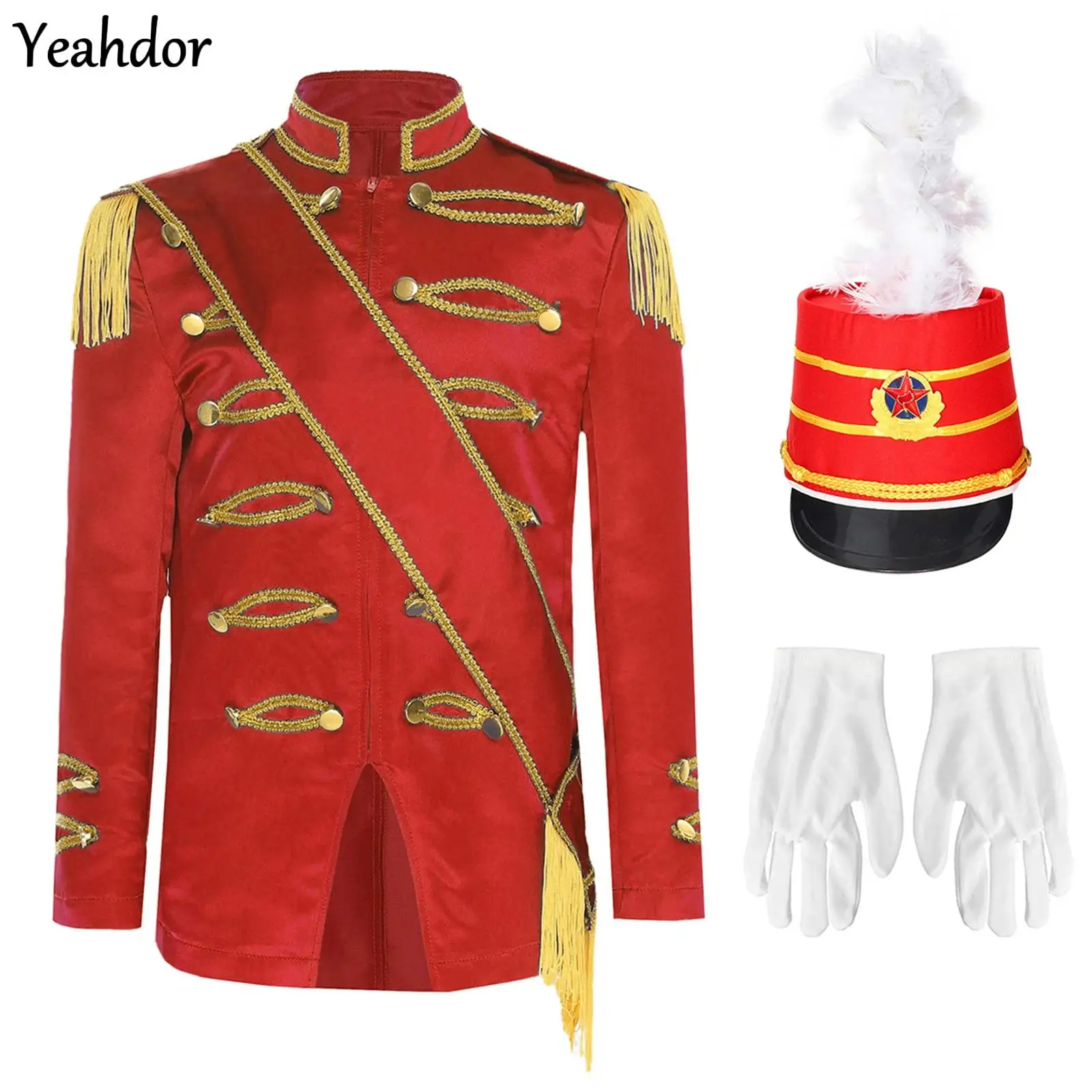 

Boys Halloween Nutcrackers Costume Set Drum Trumpet Team Zip-Up Tassel Ringmaster Jacket Coat +Sash Hat Gloves Drummer Outfits