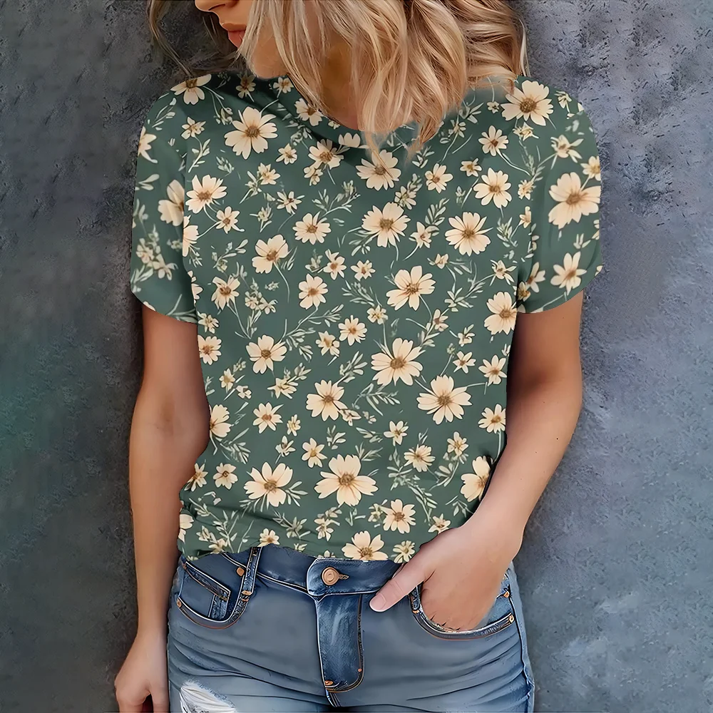 

Женская темно-зеленая футболка с принтом ромашки, летняя повседневная футболка с круглым вырезом и коротким рукавом