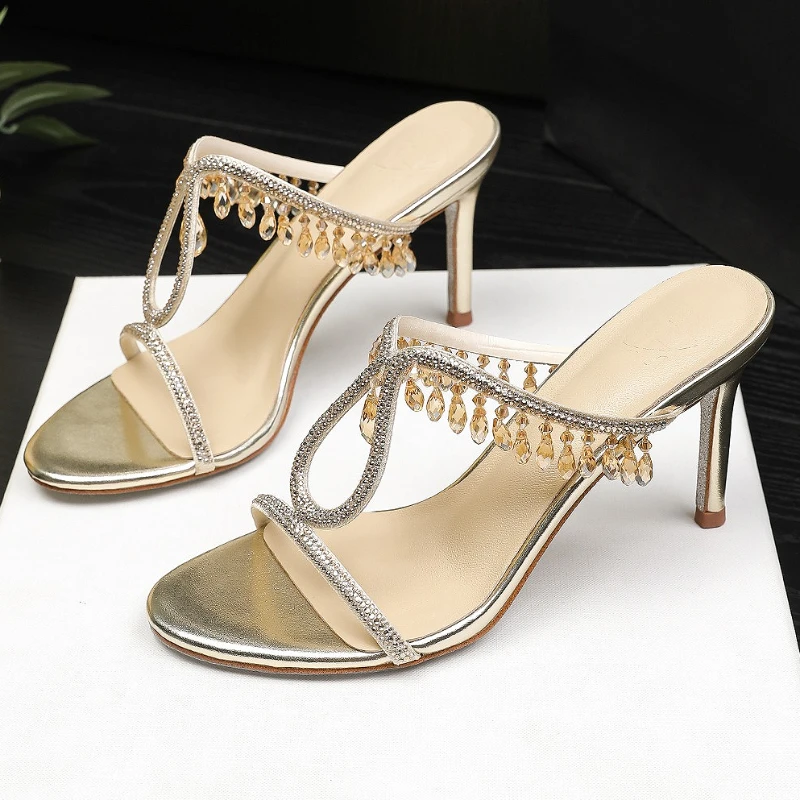 

Luxury Rhinestone Thin Heels Slippers Women Summer New Open Toe Elegant Sandals Ladies Crystal Designer Party Dress Shoes Slides