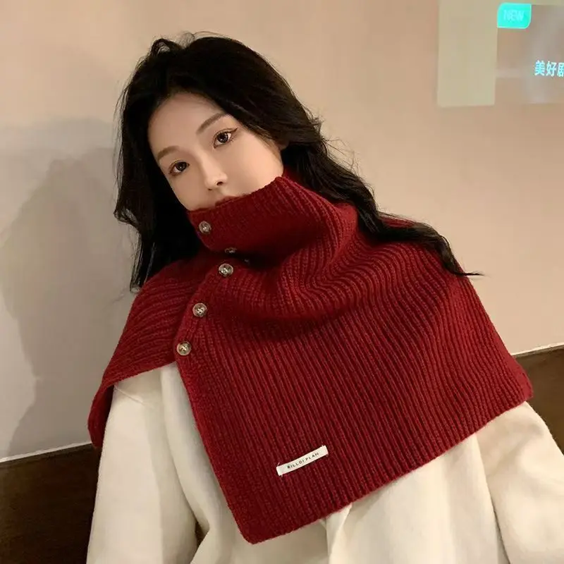Women's 2026 Autumn Winter High Neck Button Neck Warmer Korean Versatile Pullover Knit Shawl Split Warm Chic Coquette Trendy