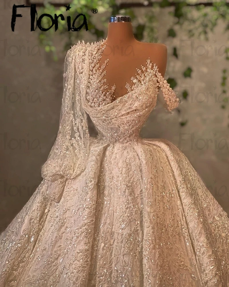 

Gorgeous Lantern Sleeve Ball Gown Wedding Dress Custom Made Dubai Luxury Full Beaded Bridal Gowns Muslim Vestido De Casamento