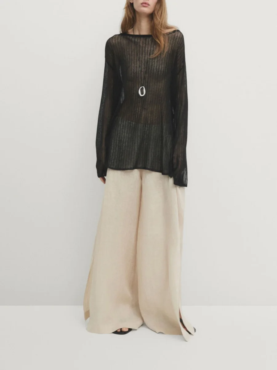 

Lazy Sle Knitted T-irt Hollow out Long Sve round Ne Summer New Women's Faion Commute Sle 0685830 800