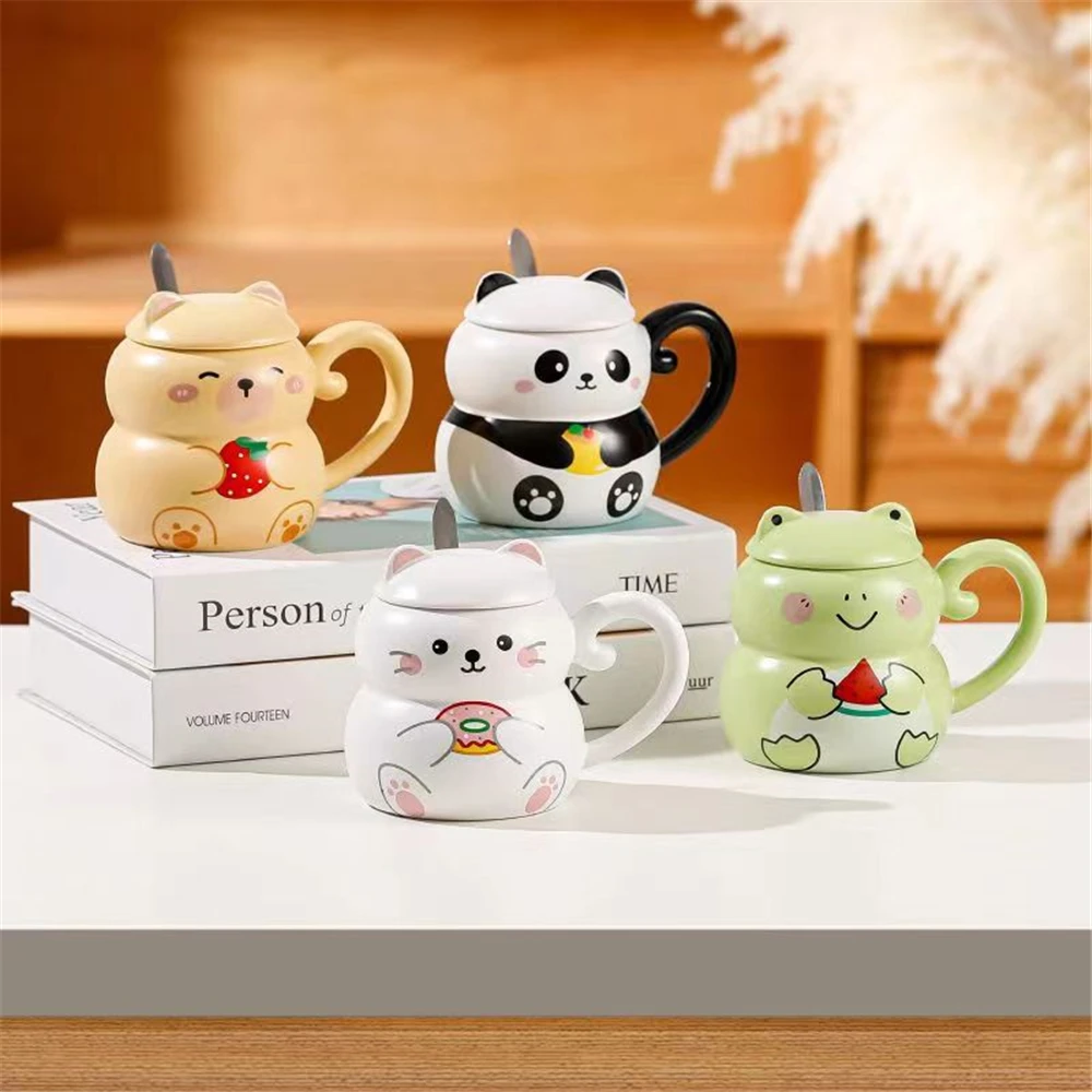 Ceramic Mug Cute Panda Cat Rabbit Funny Animal Water Cup with Lid Decorative Coffee Cup with Cover Children Kids Drinkware Cups