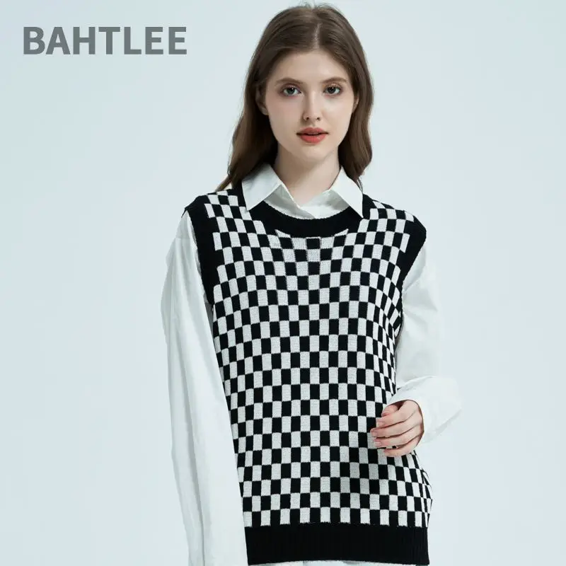 BAHTLEE-Women's Plaid Linen Sleeveless O-Neck Pullover, Checkered Knitted Sweaters, Summer T-Shirt