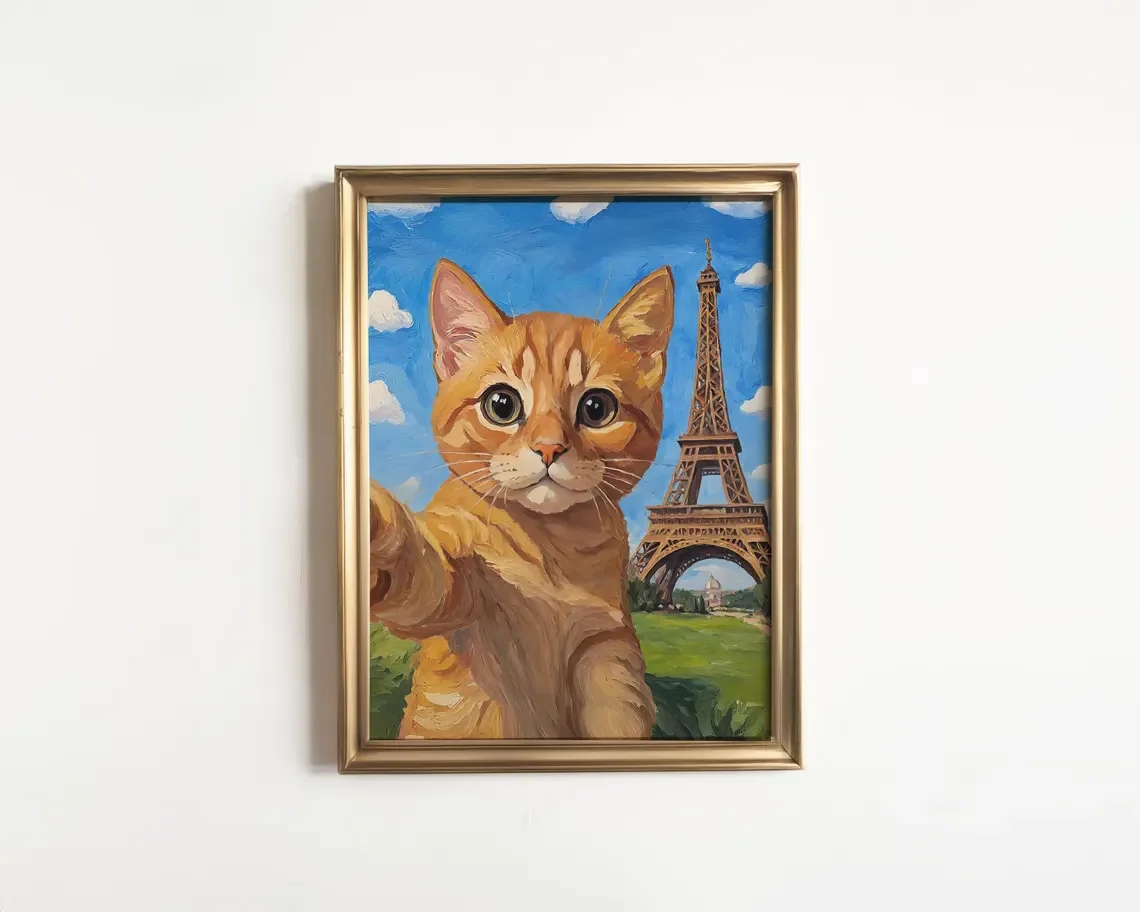 Kätzchen-Eiffelturm-Selfie-Kunstdruck: Niedliches, bezauberndes Konversationsstück, Ölgemälde, lustiges, einzigartiges Dekor, für Zuhause, Wohnheim, Apartment