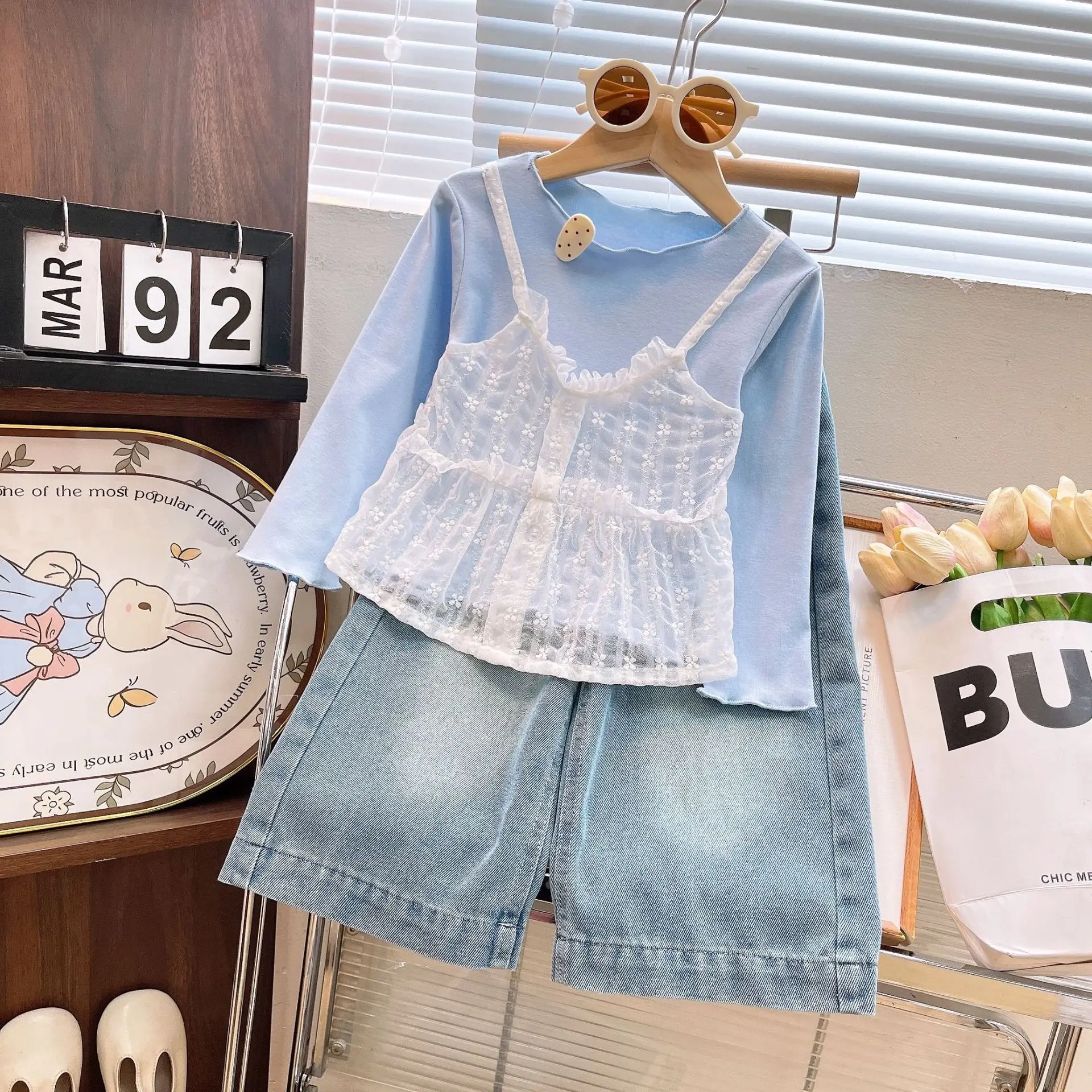 Girls Lace Layered Look Top & Jeans Set – 2-Piece Casual Outfit with Ruffle Detail, Korean Style Kids Wear Kids Clothes Girls