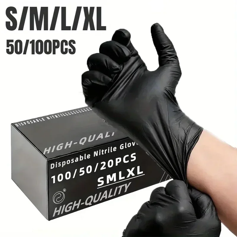 20–100 Stück schwarze Einweg-Nitrilhandschuhe, latexfrei, wasserdicht, langlebig, geeignet für die Küche, Lebensmittelverarbeitung, Schönheitssalon, Familie