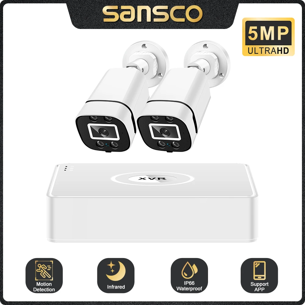 SANSCO Kit kamera AHD 5 in 1, perekam Video 5MP sistem pengawasan luar ruangan keamanan 4CH 5MP sistem CCTV kamera Email Alarm