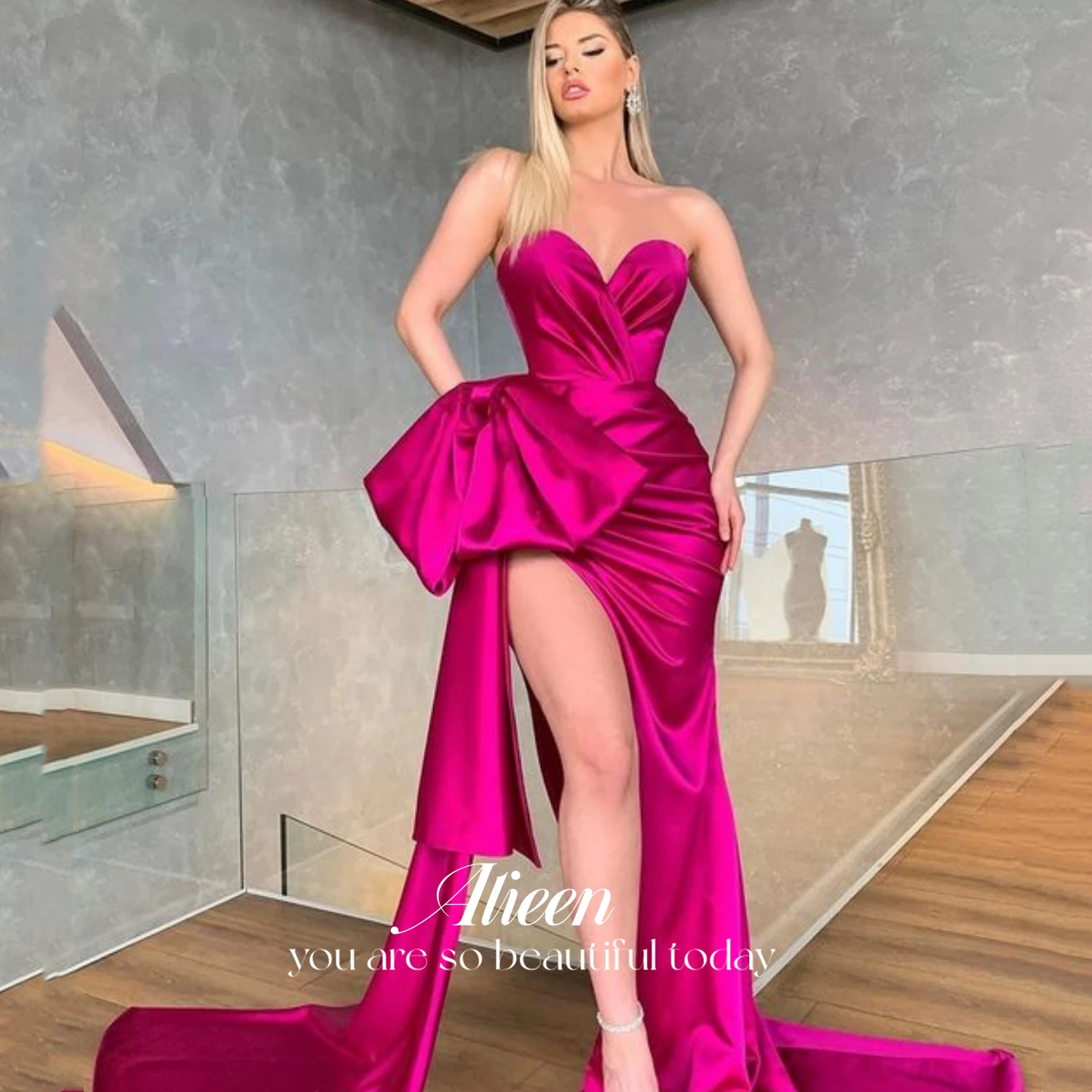 

Aileen Evening Dress Women's Elegant Dresses for Prom Satin Rose Red Strapless Bow Tie Slit Ball Gown Long Wedding Party Dress