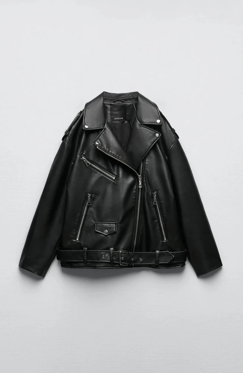 เสื้อแจ็คเก็ตมอเตอร์ไซค์หนังเทียมผู้หญิงทรงหลวม แต่งกระดุมไหล่ ซิปเฉียง แนวลำลอง สไตล์สบายๆ