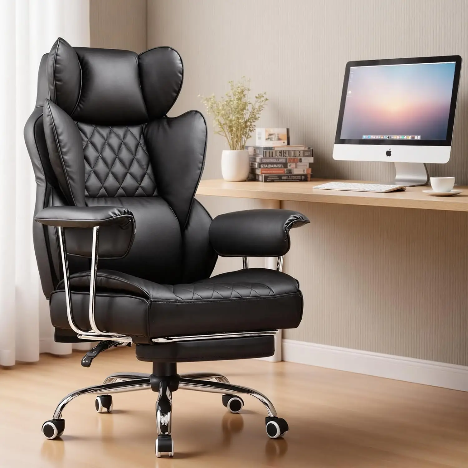 Big and Tall Office Chair with Footrest, High Back Leather Gaming Chair, Ergonomic Executive Chair with Pocket Spring Lumbar