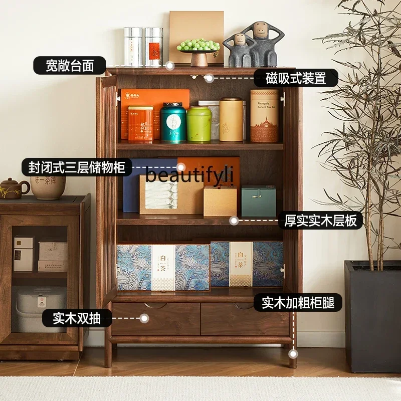 

Black walnut tea side cabinet New Chinese solid wood tea cabinet Living room tea table storage, coffee table cabinet420