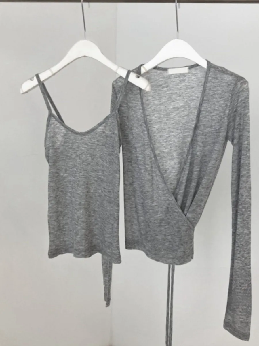 New Sexy Thin Slightly Transparent Two-piece Suit for Women Casual Slim Long Sleeve Cardigan + Suspenders Vintage Sweet Chic Top