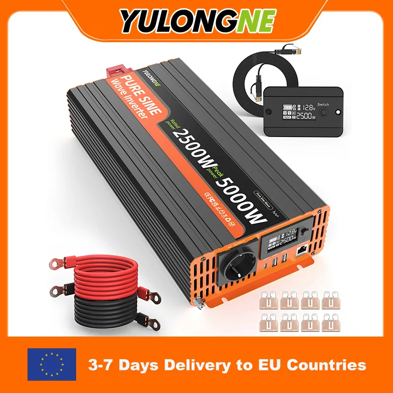 YULONGNE 12V/24V DC zu 230V AC 5000W Spitzenleistung Sinus-Wechselrichter, EU-Steckdose, kabelgebundenes digitales Fernbedienungspanel, komplettes Installationsset für Wohnmobile, Camper und