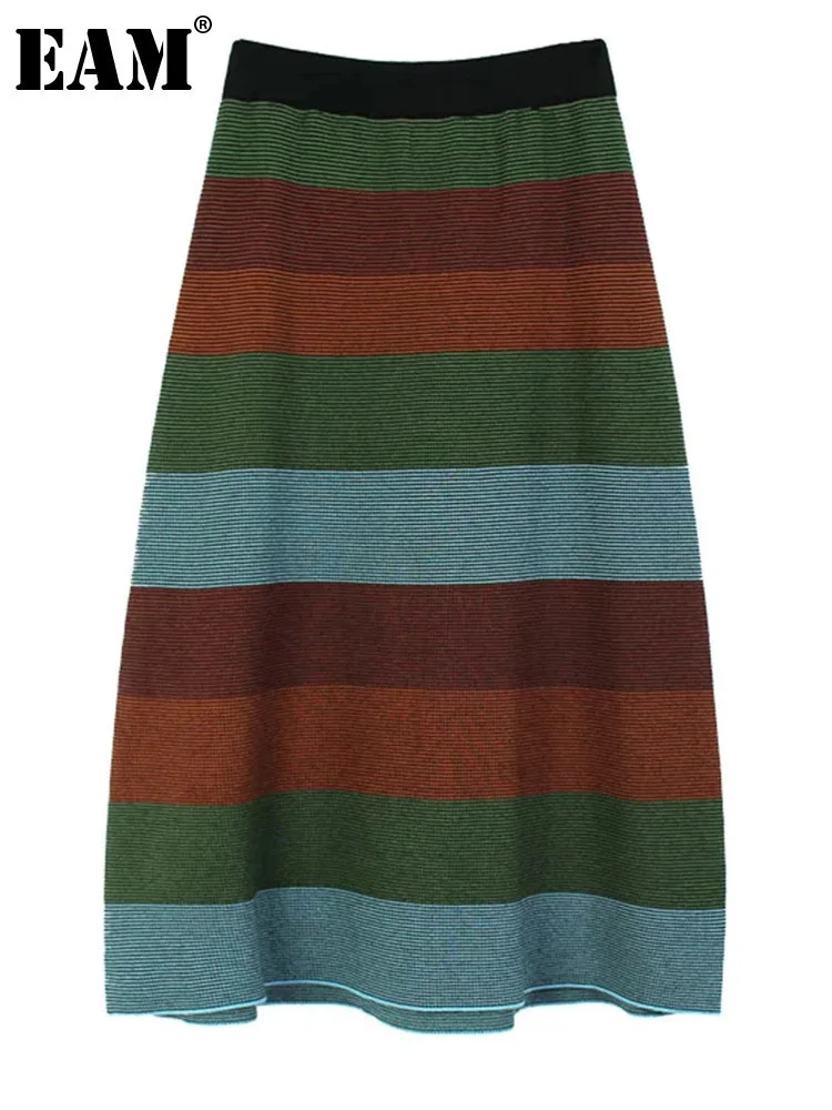 

[EAM] High Elastic Waist Green Striped Color-block Knitting Half-body Skirt Women Fashion Tide New Spring Autumn 2024 1DH6799