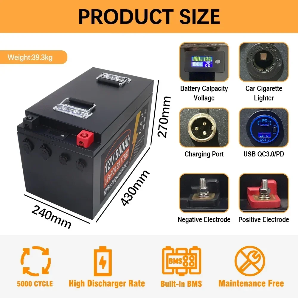 12V 500Ah LiFePO4 Lithium Iron Phosphate Battery Built-in BMS 5000 Cycles For Replacing Most of Backup Power Home Energy Storage