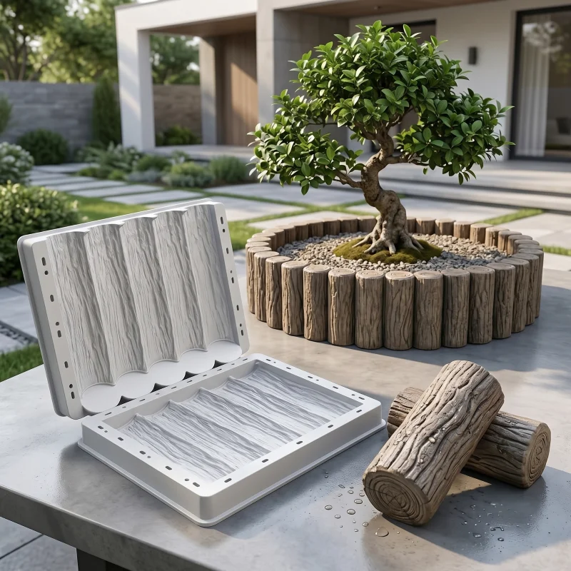 

5-Connecting Log Stump Garden Edging Mold, Reusable Thickened Plastic Concrete Form for Flower Bed Border, DIY Tree Bark Texture