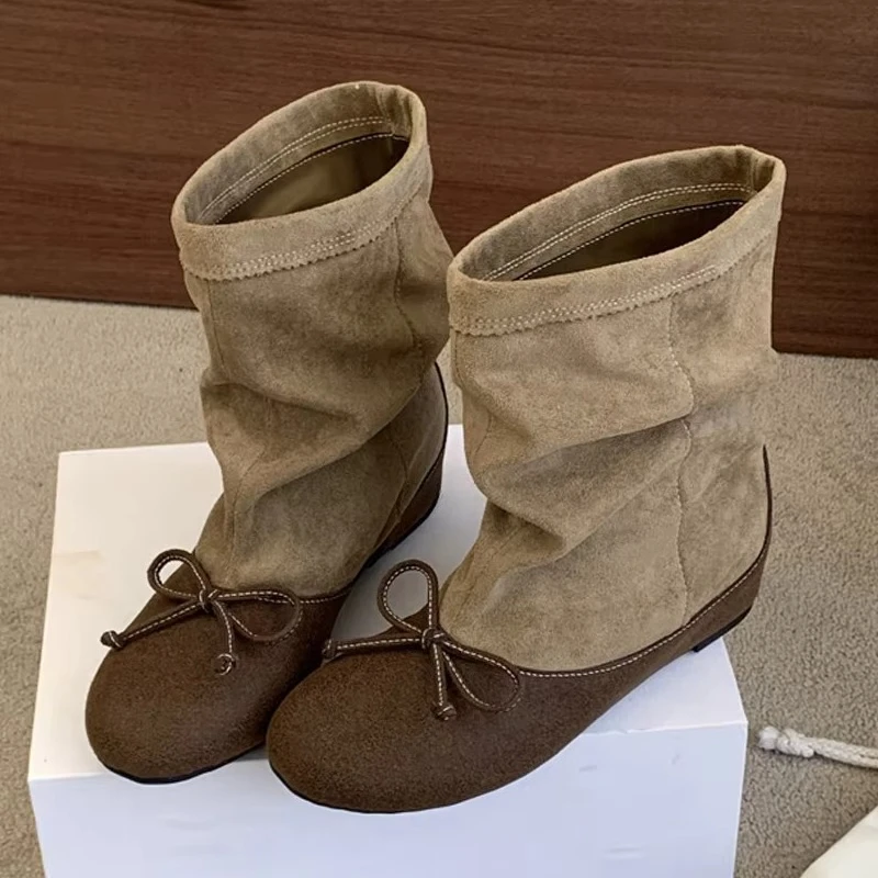 Aneikeh Autumn Winter Women's Splicing Butterfly-kont Round Toe Ankle Boots Vintage Comfortable Low Heels Shoes Booties De Mujer