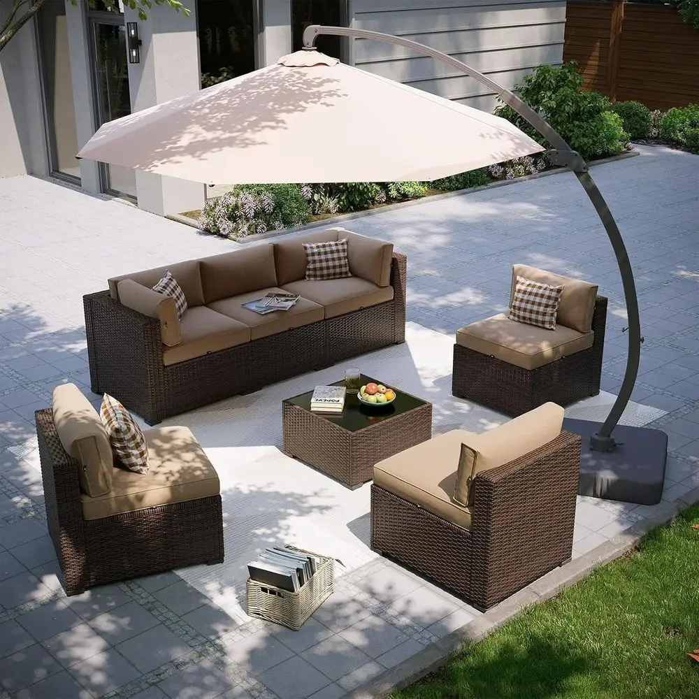 

8-Piece Outdoor Sectional Sofa Set with Umbrella and Cushions for Patio, Garden (Brown Wicker with Thickened Cushions)