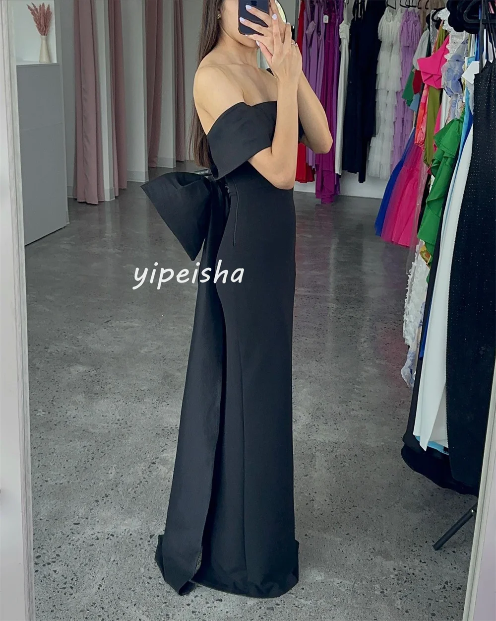 Customized Fashion Sizes Available Jersey Pleat Bow Straight Off-the-shoulder Long Dresses Cocktail Dresses Matching High Qualit