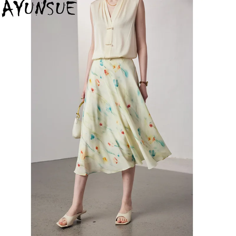 AYUNSUE 100% Natural Mulberry Silk Women's Skirts Versatile Printed Skirt Summer Clothes High Quality Woman Clothes Юбка Женская