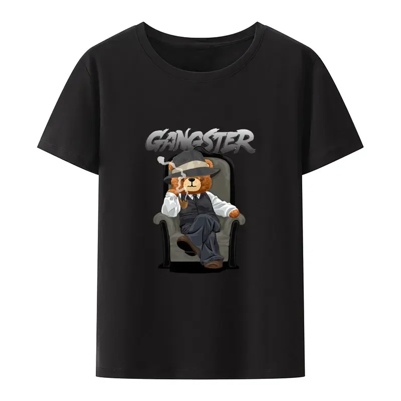 Cool Bear In Gangster Style Sitting on Throne with Tobacco Pipe Cartoon Print T Shirt Men Women Comfortable Street Fashion Tops