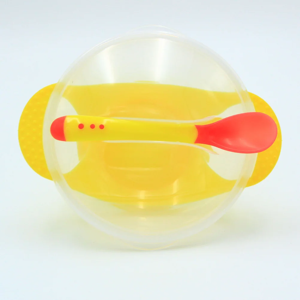 Yellow Baby Bowl Kids Tableware Suction Bowls with Lids Set Sensing Temperature Safe Toddler Premium