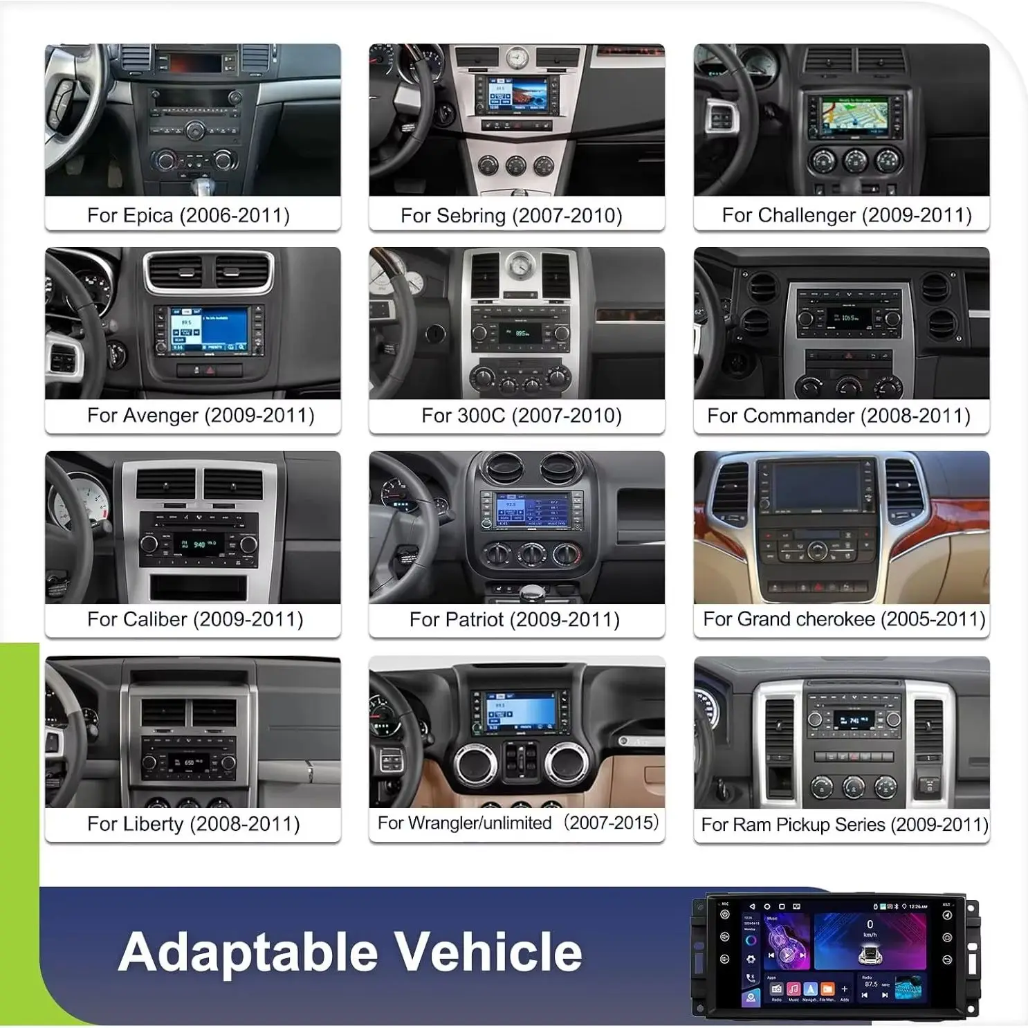 7“ Android 13 Touch Car Stereo Radio Double Din 2+32G Auto Radio For Jeep Cirrus Compass Patriot Wrangler Dodge Caliber Journey Ram Pickup Charger Chrysler Aspen Voyager Support Wireless Carplay Android WiFi GPS Mirror Link Bluetooth SWC Backup Camera