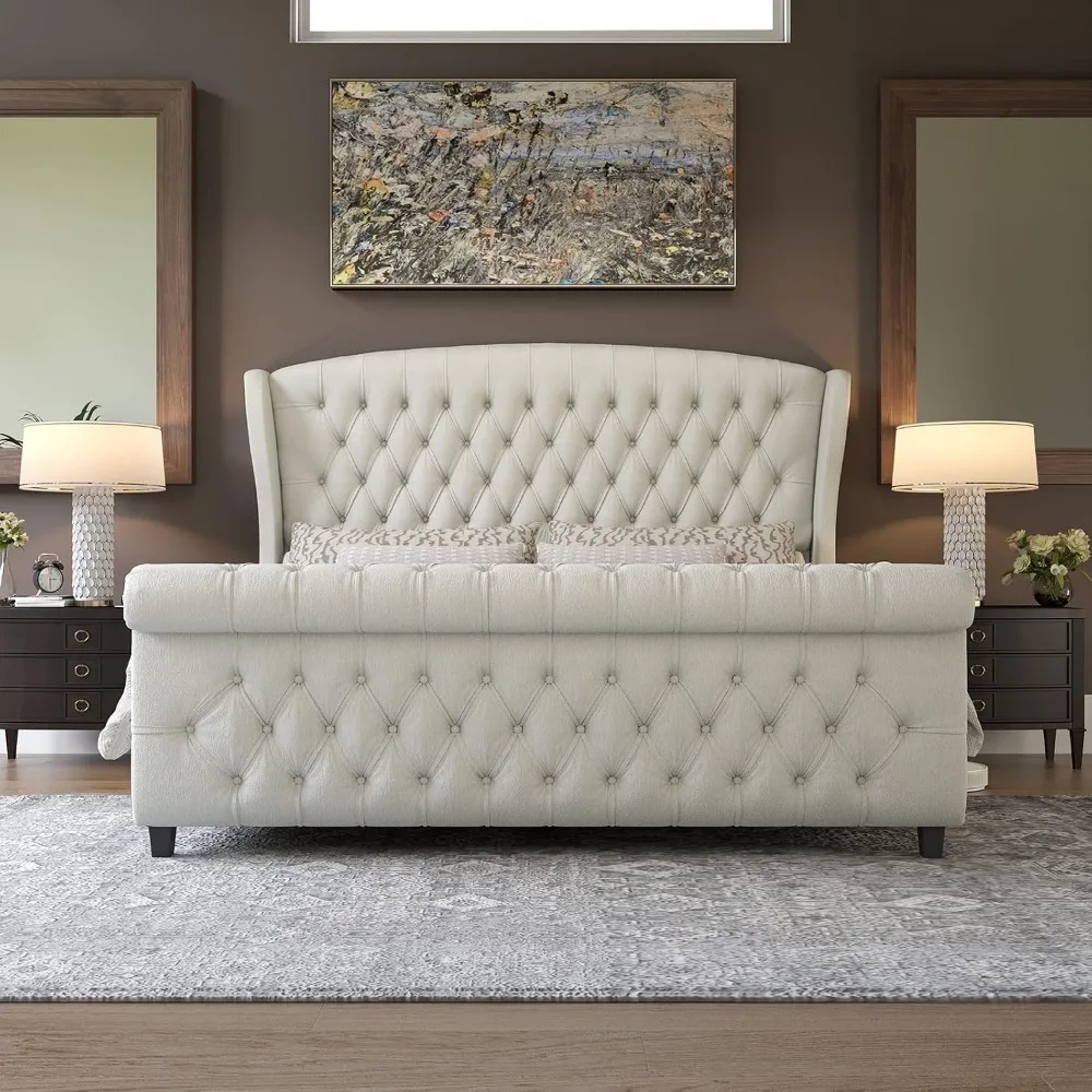 Queen Size Upholstered Sleigh Bed Frame with Wingback Headboard | Platform Bed with Curved Headboard & Footboard,