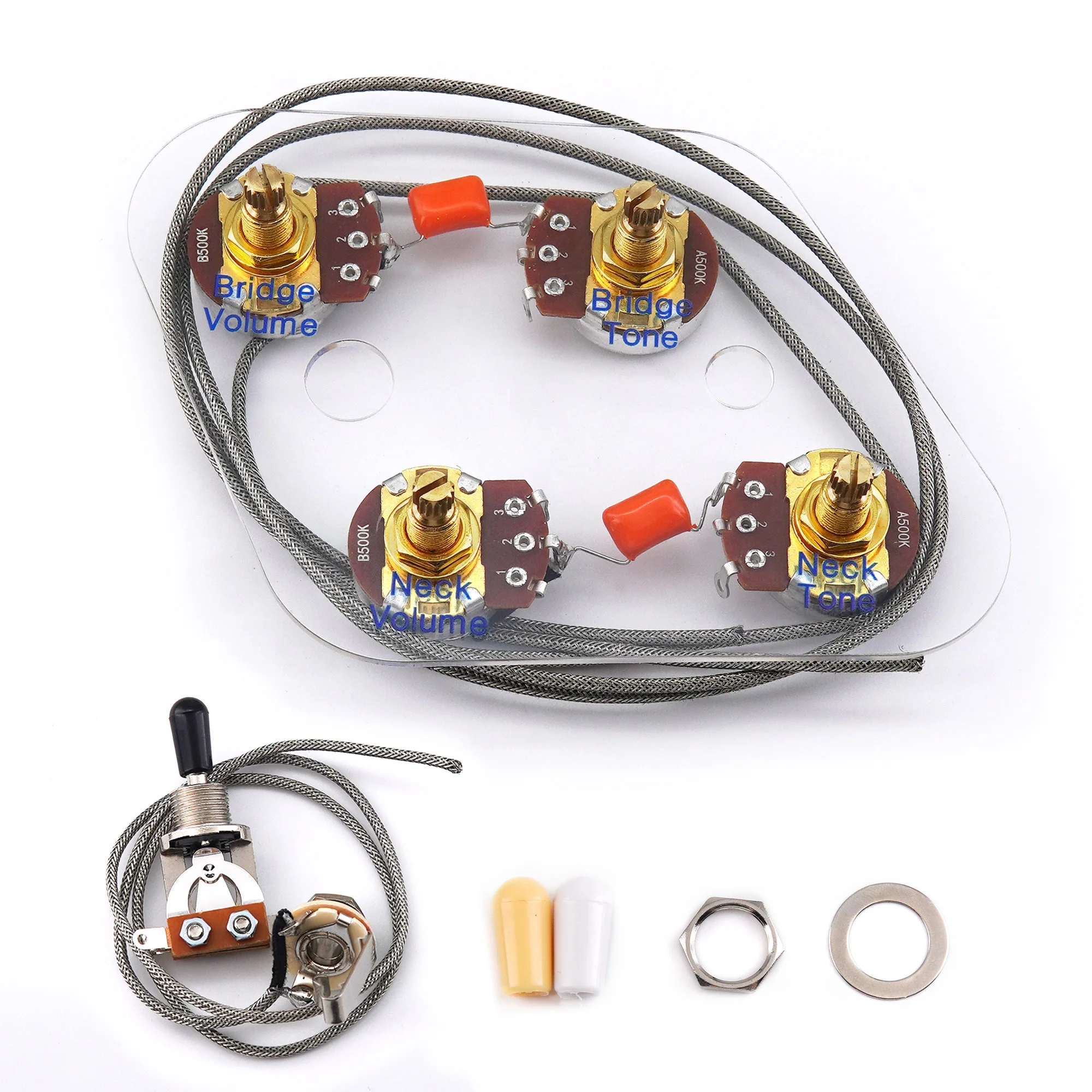 FLEOR LP Gitarre vorverdrahtetes Kabelbaum-Set 2T2V 500K Töpfe und separater 3-Wege-Schalter – Detail 2