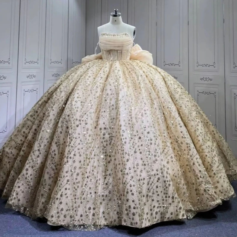 الشمبانيا لامعة فساتين Quinceanera قبالة الكتف الديكور كريستال القوس تول حفلة عيد ميلاد الحلو 16 فستان Vestidos 15 Anos