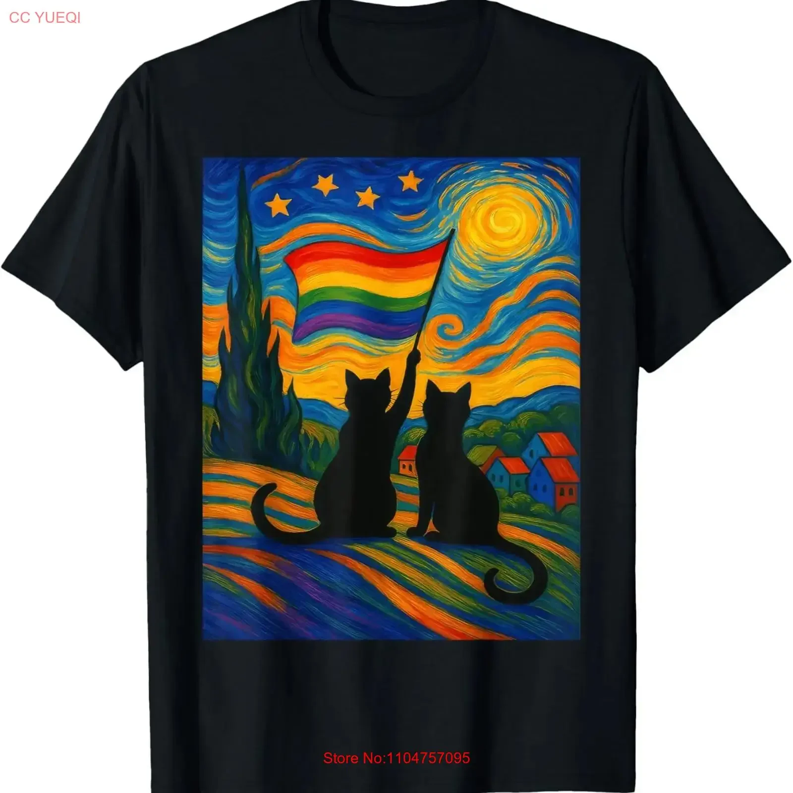 Gay Pride Cat Art Starry Night Style LGBTQ Support T Shirt vintage Washed Stretched streetwear graphic designer clothes Unisex